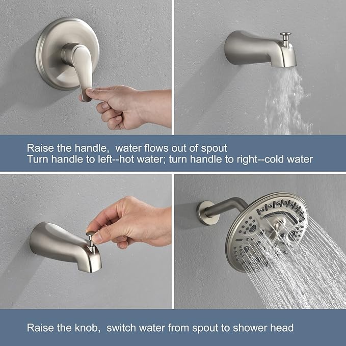 SHAMANDA Shower Tub Faucet Set with Rough-in Valve and Trim Kit, Shower System with Waterfall Diverter Tub Spout, Single Handle 8 Inch 6-Spray Rain Shower Head Combo Set, Brushed Nickel, L818-2