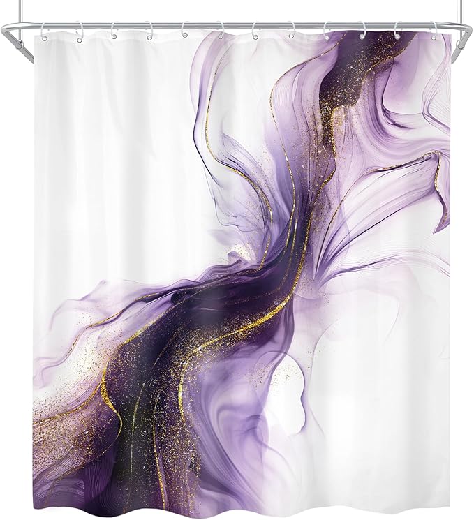 Cinbloo Purple Shower Curtain 60Wx72H Abstract Marble Ombre Gold Bathroom Decor for Women Modern Elegant Ink Texture Minimalist Chic Aesthetic Artistic Neutral Bath Curtain Fabric with 12 Hooks