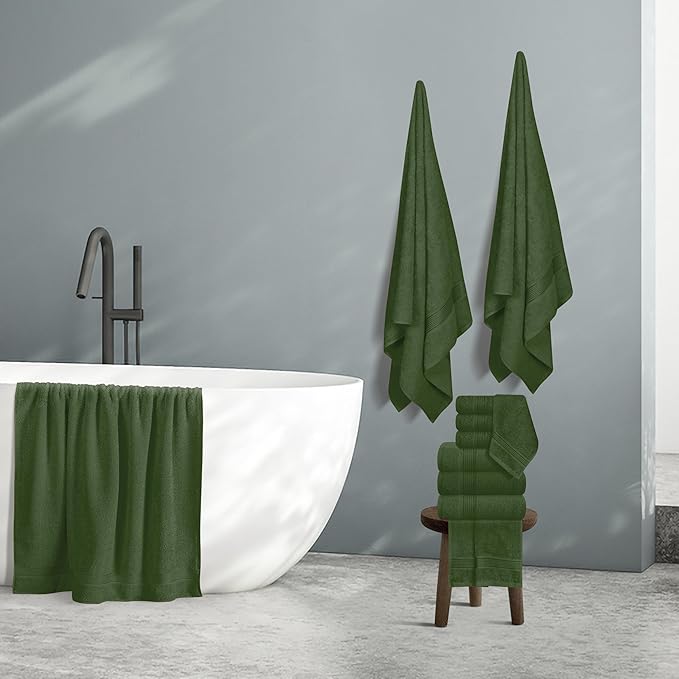 Belizzi Home 100% Cotton Towel Set, Contains 6 Soft Bath Towel, 6 Hand Towels, 12 Wash Cloths - Compact Absorbent Lightweight & Quickdry Towels for Bathroom - 24 Piece Bathroom Towel Set - Olive Green