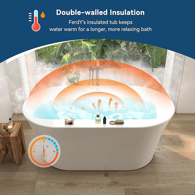 FerdY Mauritius 59" Acrylic Freestanding Tub, Oval Contemporary Soaker Tub, Extra Deep Bathtub, Polished Gold Drainage and Minimalist Linear Design Overflow, Modern White, cUPC Certified