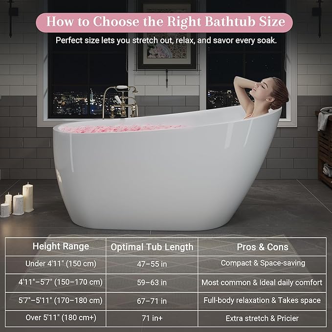 ABRUZZO 55" Acrylic Freestanding Bathtub - Deep Soaking Tub with Pop-Up Drain & Overflow, Glossy White Standalone Bathtub for Modern Bathroom, Fiberglass Reinforced Construction
