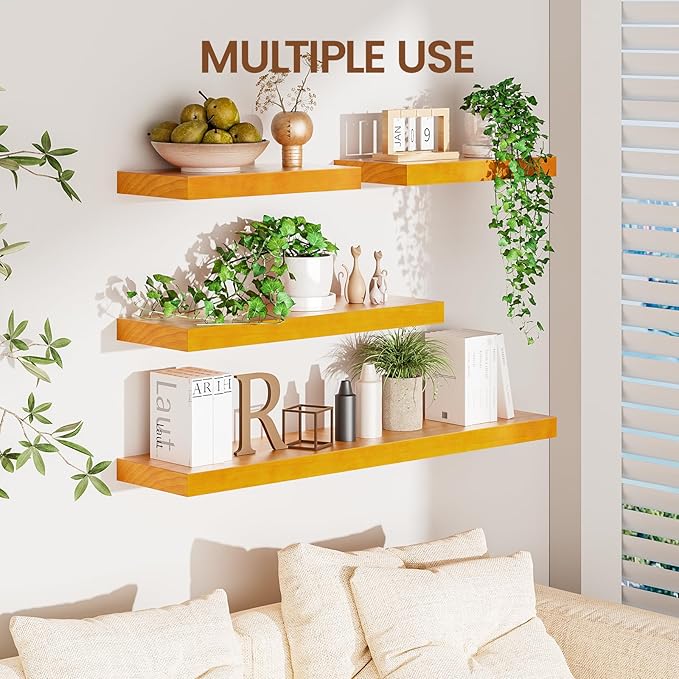 Heimlove 36 inch Floating Shelves for Wall,2 Packs Natural Pine Solid Wood Floating Shelves, 8 inches Deep Wooden Shelves for Kitchen Bedroom Office & Living Room Display Wall Decor
