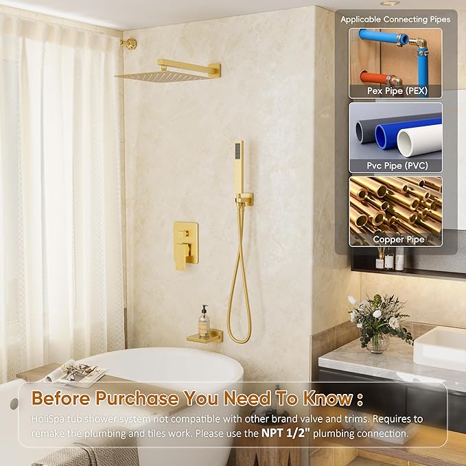 Gold Shower System with Tub Spout, All Metal Tub Shower Faucet Set with 10" Rain Shower Head and Handheld Spray combo, Wall Mounted Tub Shower Systems with Valve and Trim Kit, Brushed Gold
