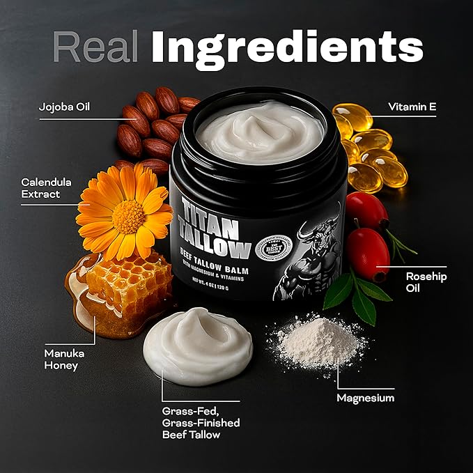 Beef Tallow for Skin, Face & Body Balm with Magnesium for Sleep, Leg Cramps & Pain, Muscle Relaxation, Moisturizing Topical Cream - Organic Grass-Fed & Grass-Finished Tallow, Manuka Honey Lotion
