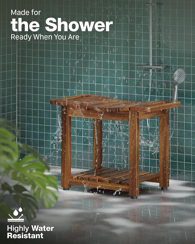 BLUEWEST Shower Bench Seat with Storage Shelf, Natural Wood Shower Benches for Inside Shower to Sit on, Waterproof Bathroom Spa Bench Stool for Legs Shaving with Built-in Handle & Shower Head Holder