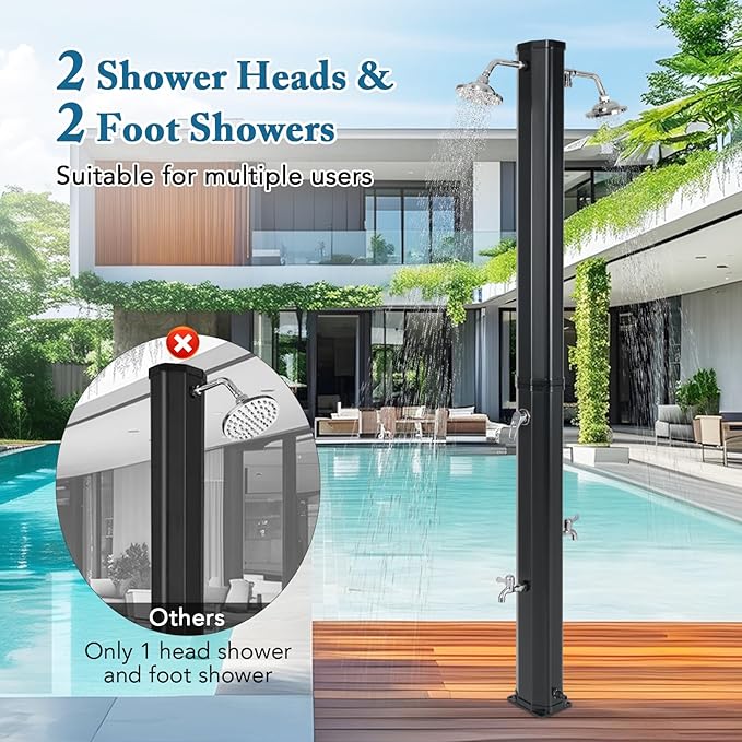 Giantex 9.3 Gallon Outdoor Shower, Solar Shower with Dual 360°Rotating Shower Heads, 2 Foot Showers, Hot & Cold Water Adjustable Faucet, 7.2 FT Outside Shower for Patio, Yard, Poolside, Beach, Garden