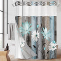 No Hook Rustic Farmhouse Shower Curtain with Snap in Fabric Liner Set, Teal Daisy Flowers and Butterfly on Wooden Double Layers Waterproof with See Through Top Bath Curtain 54x80 Inch