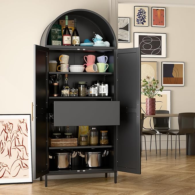 73'' Tall Metal Arched Cabinet, Modern Black Arch Bookshelf Display Cabinet with Doors/Shelves/Internal Drawers for Home Office Kitchen Bar Living Room