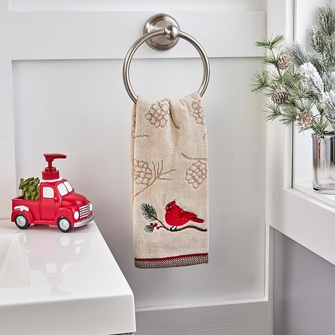 SKL Home Christmas/Winter Cardinal & Branch Hand Towel 2pc Set for Bath/Kitchen/Bar & Gift, Wheat