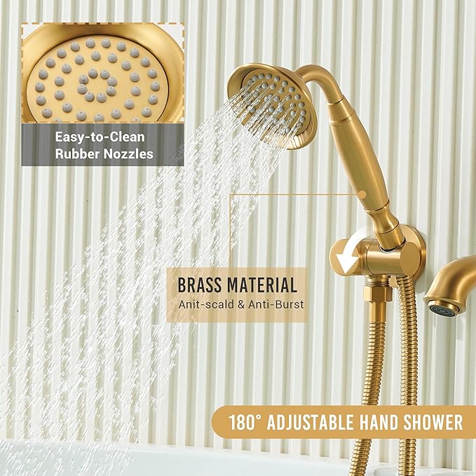 DASAN Antique Wall Mount Tub Filler Faucet with Hand Held Shower, Brushed Gold Brass Bathtub Faucet with Sprayer Wall Mounted Roman Bath Tub Faucet Set with High Flow Rough in Valve, AT201TF-BTG