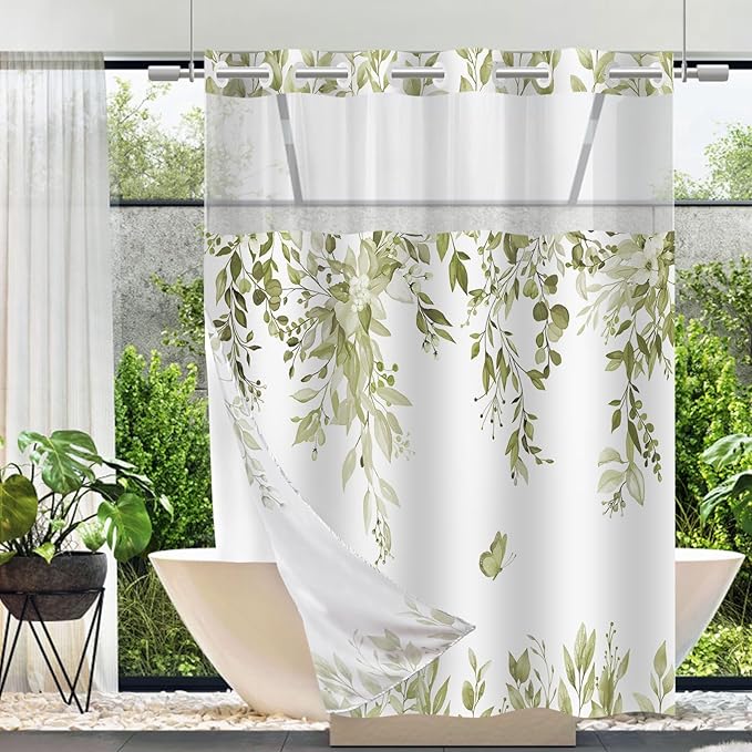 No Hook Shower Curtain and Liner Set, Beige Eucalyptus Floral Shower Curtains for Bathroom, Bath Curtain Sets with Snap in Liner, Waterproof with See Through Top Window, 71x74 Inches