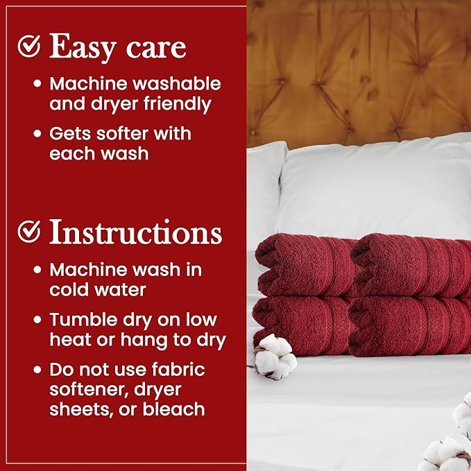 HALLEY Turkish 4 Pack Premium Hand Towels (4 Pieces) 650 GSM Highly Absorbent Super Soft 100% Cotton - 4 Hand Towels (Red)