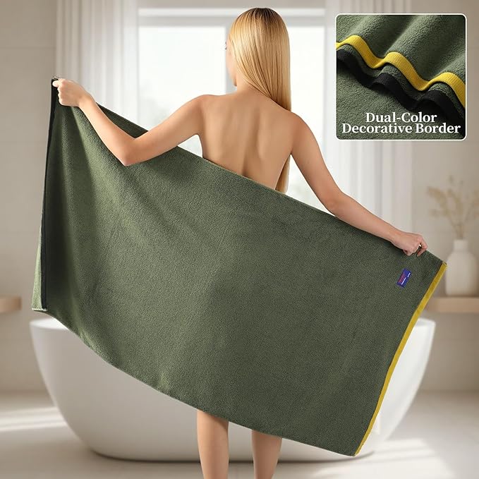 REDKISS 6 Pack Cotton Towel Set with Luxury Embellished Border, 600 GSM Ultra Soft & Highly Absorbent Bath Towels Set with 2 Bath, 2 Hand, 2 Washcloths for Bathroom, Gym, Spa, Hotel, Army Green