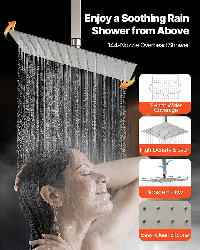 VEVOR Shower Faucet Set, 12 Inch Ceiling Mount Rainfall Shower System with 6 Inch Wall Mount Head and 4 in 1 Handheld Spray, Rotatable 3-Function Dual Rain Head Brass Valve & Trim Kit, Brushed Nickel