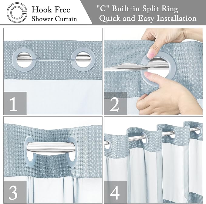 Gibelle No Hook Waffle Weave Shower Curtain with Snap-in Fabric Liner Set for Bathroom, Hotel Style with Mesh Top Window, Waterproof & Washable, Fog Blue, 72x74