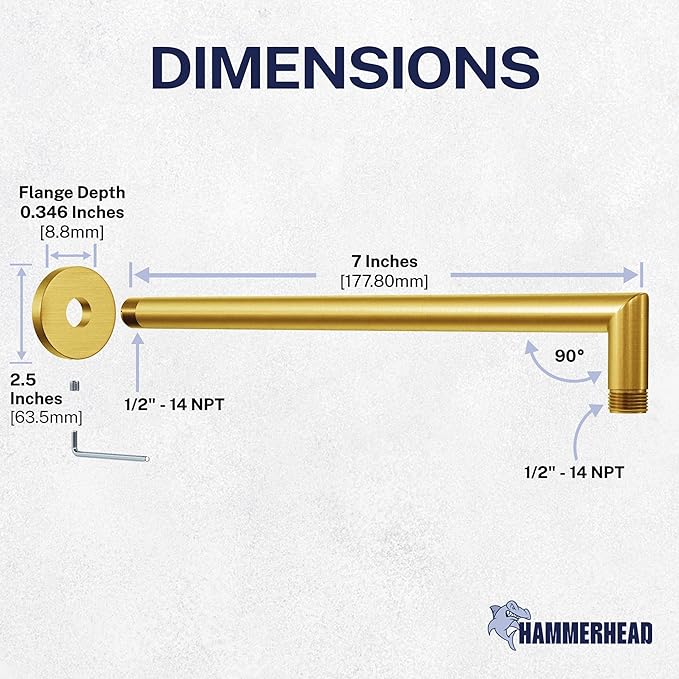 HammerHead Showers® Solid Metal 16 Inch Extended Shower Arm and Flange with Set Screw, Long Shower Arm, Extends Rain Shower Overhead, Wall-Mounted Rain Shower Arm, Brushed Gold