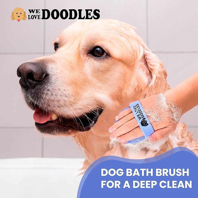 We Love Doodles (Short Pins) Pet Rubber Bath Brush and Dog Shampoo (Bundle) - for Shower Scrubbing & Soothing Massage and Organic Dog Shampoo, Conditioner & Detangler - Made in The USA