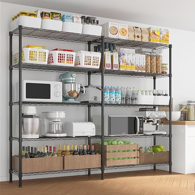5 Tier Storage Racks Shelving, Heavy Steel Pantry Shelves, Adjustable Wire Shelving Rack, Suitable for Garage, Kitchens, Offices, 58" W x 13.8" D x 71" H, Black