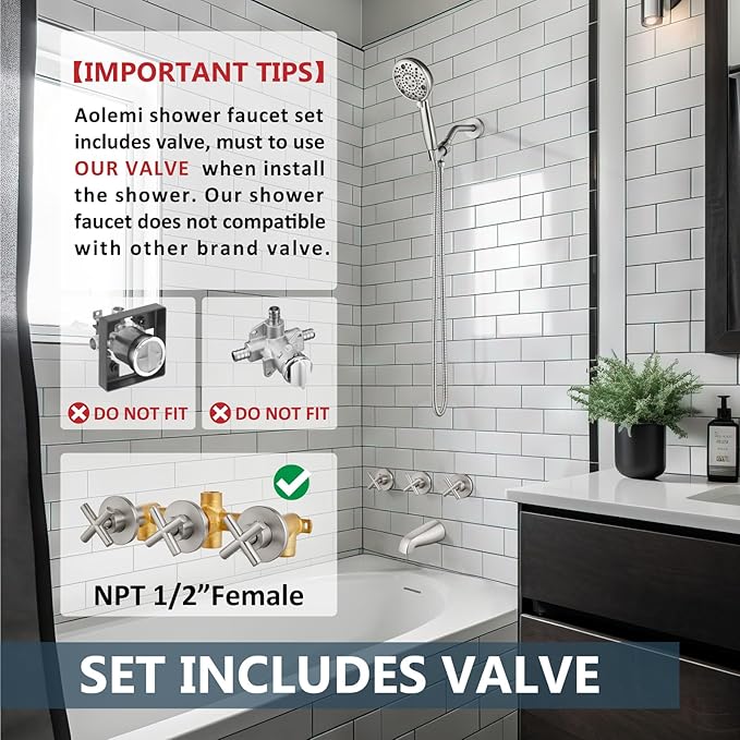 Aolemi 3 Handles Tub Shower Faucet Set with Valve Bathtub Combo Set Shower System Complete Trim Kit Wall Mounted Brushed Nickel