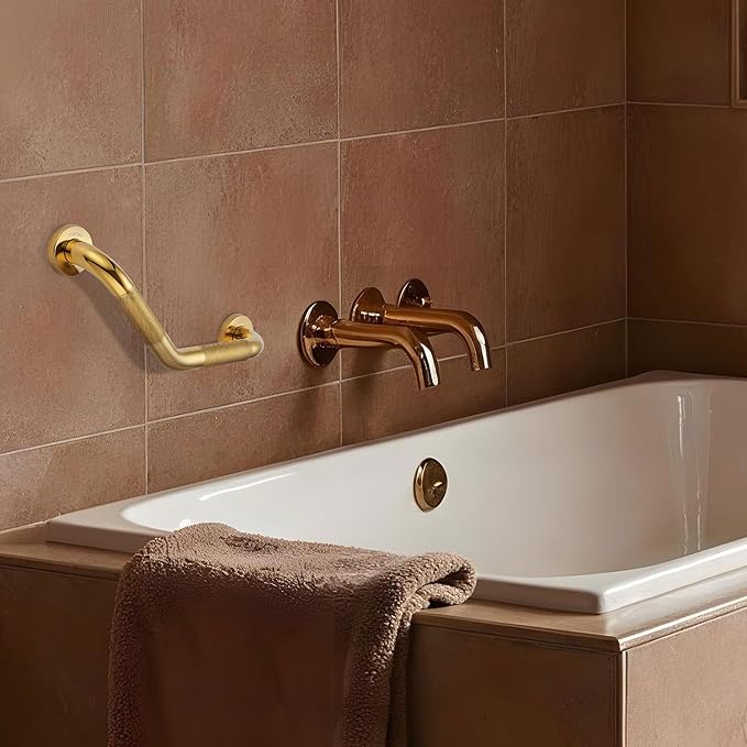 Grab Bars for Bathtubs and Showers- 1-1/4 x 16 Angled Shower Grab Bar for Seniors Knurled Stainless Steel Handicap Grab Bars for Wall (Gold, 1 Pack)