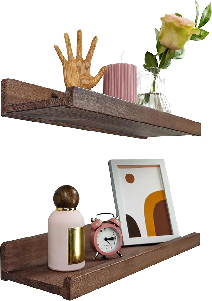 Floating Shelves for Wall 16 inch, Waterproof, Wall Storage Shelves with Lip, Display Picture Ledge Shelf for Photo Frame, Natural Wood Hanging Book Shelves (American Walnut, Set 2)