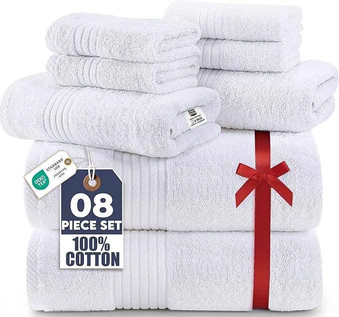 Utopia Towels 8 Piece Premium Towel Set, 2 Bath, 2 Hand, and 4 Washcloths, 100% Ring Spun Cotton, Highly Absorbent Towels for Bathroom, Sports, and Hotel, White