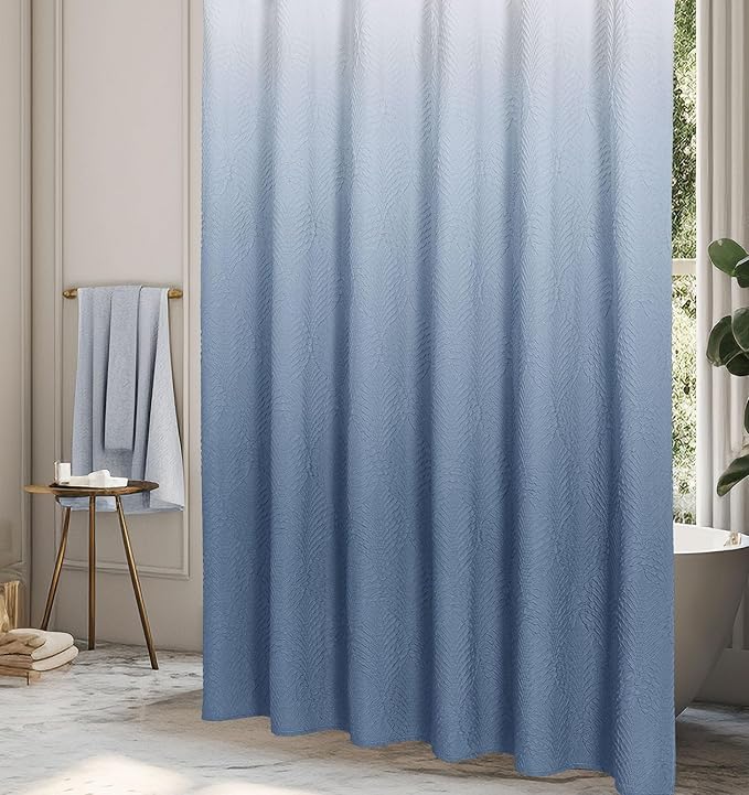 Gibelle Ombre Blue Shower Curtain for Bathroom, 3D Embossed Textured Fabric Shower Curtain, Modern Farmhouse Chic Soft Cloth Shower Curtain Set with Hooks, 72x72