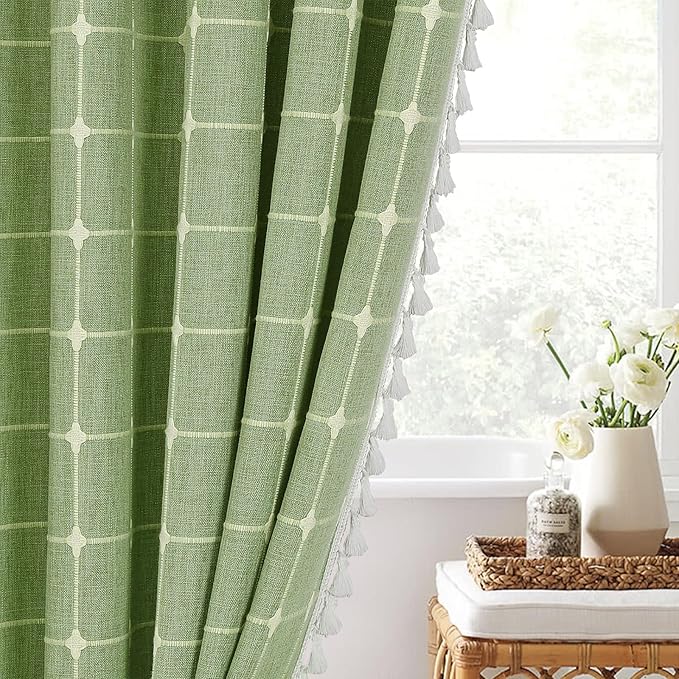 MitoVilla Boho Small Stall Shower Curtain 36 x 72, Sage Green Half Size Narrow Polyester Linen Tassel Cloth Fabric Shower Curtains for Chic Modern Farmhouse Country Bathroom Decor