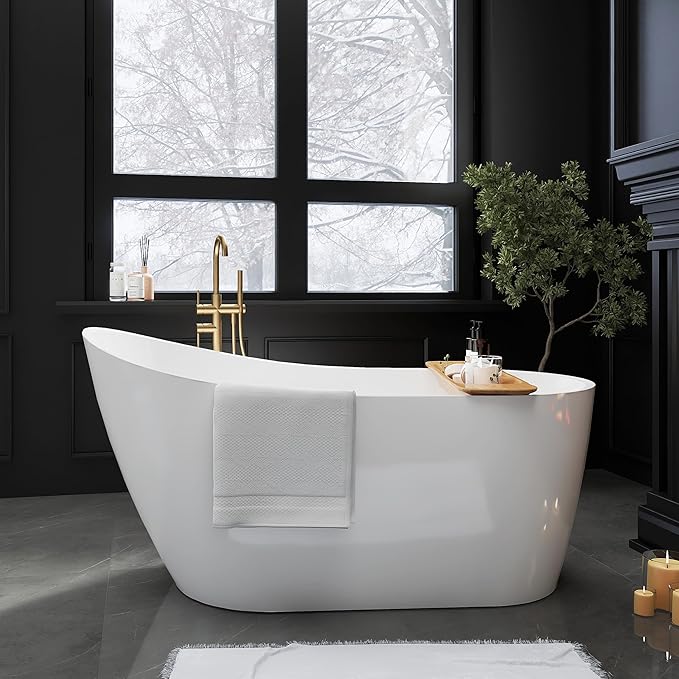 59" High-back Acrylic Freestanding Bathtubs, Stand Alone Tub, Soaking Tubs for Bathroom, Integrated Overflow and Drain, cUPC Certified, Gloss White