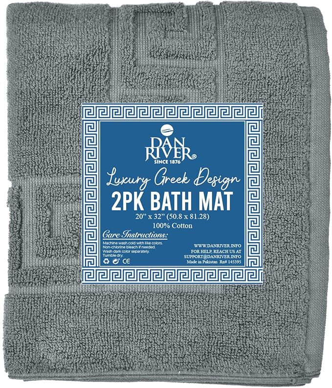 DAN RIVER Greek Cotton Bath Mats Set of 2 – Not a Bathroom Rug, Ultra Soft, Highly Absorbent & Machine Washable Bath Mat Towel for Bathroom Floor Mat – Durable, Quick-Dry, 21x34 Inches, Grey