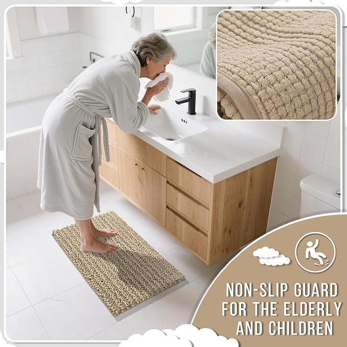 Yimobra Bathroom Runner Rug 55x24 Inch - Extra Long Non Slip Chenille Bath Mat, Soft & Absorbent, Machine Washable Shaggy Hallway Carpet for Vanity Tub Shower, Camel Home Decor Accessories