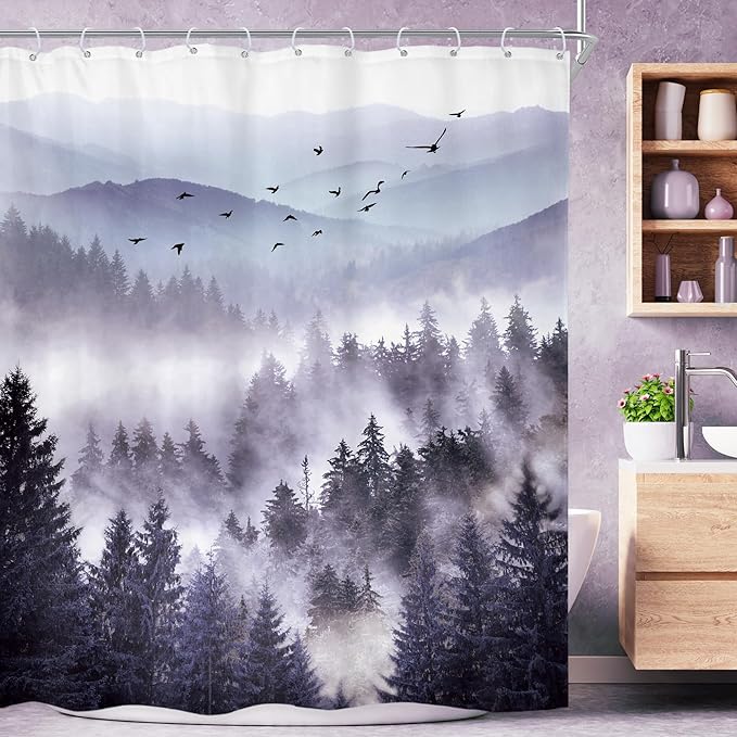 Riyidecor Purple Mountain Shower Curtain 72Wx78H Inch Nature Scenery Landscape Rustic Pine Tree Misty Foggy Mountain Dark Natural View Mens Bathroom Decor Fabric Polyester Waterproof 12 Pack Hooks