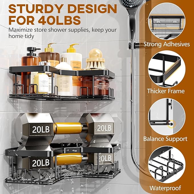MAXIFFE 3 Pack X-Large Corner Shower Caddy with Soap Holder, Large Capacity Easy Install No Drilling Stainless Steel Sturdy Hold 40 LB Shower Organizer Shelves Rack for Family Renters Bathroom, Black