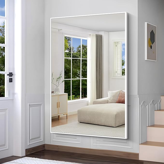BONEWEI White Bathroom Mirror,60x40 inch Wall Mirror for Bathroom Wall Mounted,Large Rectangle Mirror for Bathroom Over Sink,Modern Metal Frame for Living Room,Bedroom Entryway,Horizontal/Vertical