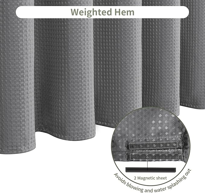 Inhousolu Fabric Shower Curtain Waffle Weave, 230 GSM Heavy Duty, Weighted Hem, 14 Metal Hooks, Water Repellent, Machine Washable, Hotel Spa Luxury Bath Curtain Set, 72 x 84 Inch, Grey
