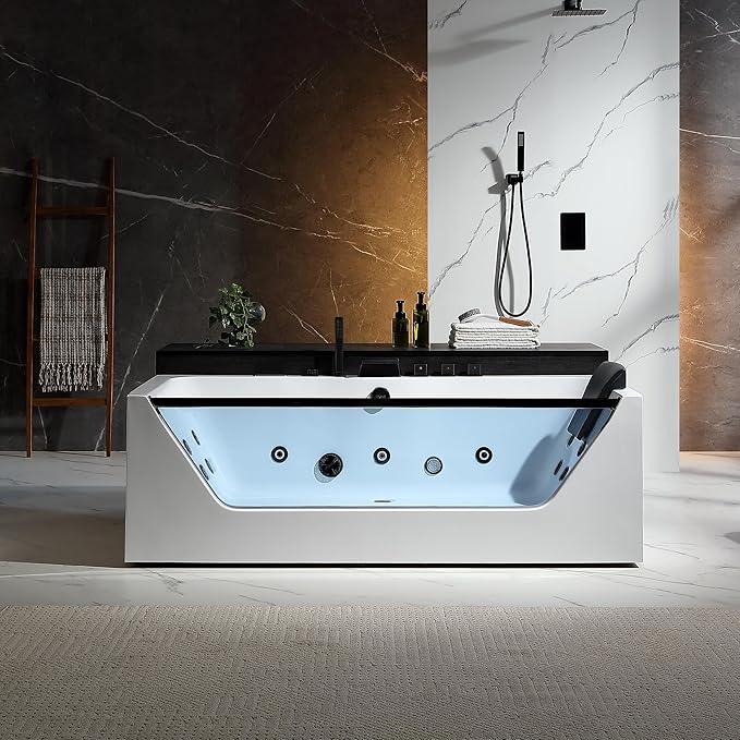 Empava Acrylic Whirlpool Bathtub, 71-Inch Jetted Bathtub with Heater, 10 Jets Hydromassage with Chromatherapy, 3-Side Apron with LED Control Panel, Waterfall, Black Hardware and Nozzles