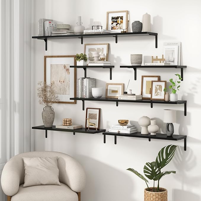 Fun Memories Deep Floating Shelves, 48W x 8D Floating Shelves Set of 2, Wall Mounted Shelf with Metal Brackets, Rustic Wood Wall Shelf for Bathroom, Kitchen and Living Room, Black