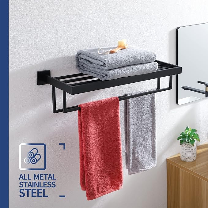 KOKOSIRI Matte Black Towel Rack 24'' Bathroom Towel Shelf with Double Towel Bars SUS304 Stainless Steel Wall Mounted, B6003BK