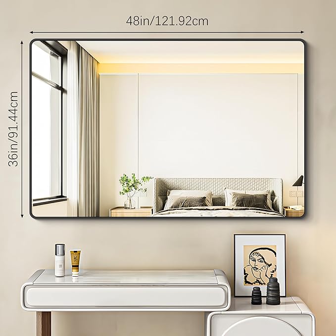 BONEWEI 36x48 inch Bathroom Mirror,Black Rectangle Mirror,Wall Mounted Bathroom Frame Vanity Mirror with Round Corner for Bedroom Living Room, Entryway Hangs Horizontal or Vertical