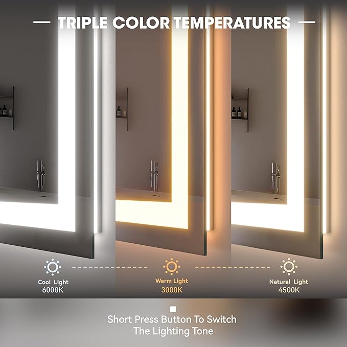Hasipu 55" x 36" LED Bathroom Mirror Arch Vanity Mirror with Lights Frontlit Smart Touch Sensor Dimmable 3 Colors Temperature Shatterproof Wall-Mounted Vanity Mirror Metal Frame