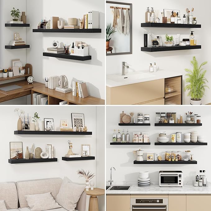 fuqing Floating Shelves for Wall, Wall Mounted Wood Floating Shelf with Invisible Brackets for Living Room, Bathroom, Bedroom, Kitchen Storage and Decor,6.5 Inch Set of 3, Black