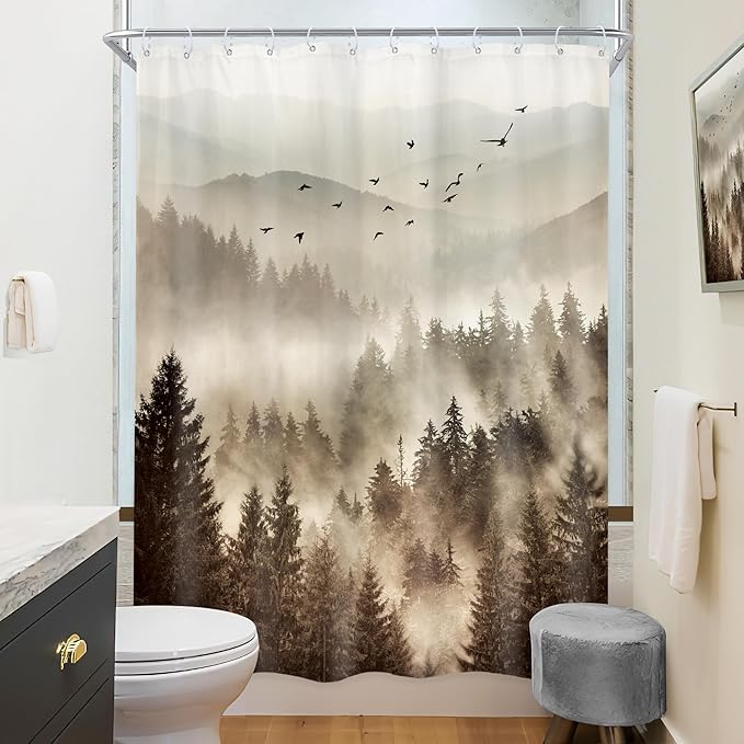 Riyidecor Foggy Mountain Shower Curtain 48Wx72H Inch RV Narrow Nature Scenery Tree Rustic Natural Woodland Alpine Landscape Modern Abstract Bathroom Decor Fabric Polyester Waterproof 8 Pack Hooks