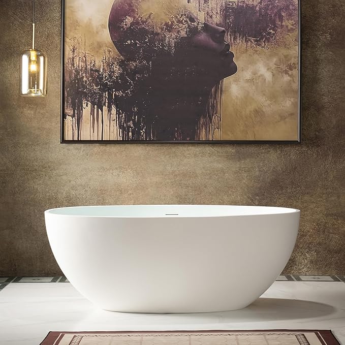 WOODBRIDGE 55 in. x 30.75 in. Stone Resin Luxury Contemporary Solid Surface Freestanding Bathtub in Matte White