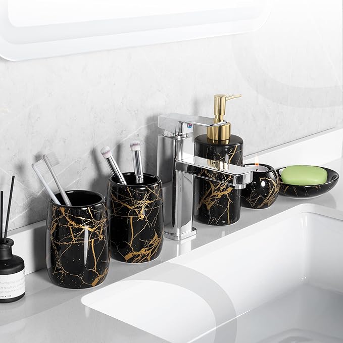 Ceramic Bathroom Accessory Set, 5-Piece Bathroom Accessory Set, Soap Dish, Toothbrush Holder, Soap Dispenser, Bathroom Tumbler & Candle Holder - Modern Bathroom Organizer, (Black & Gold)