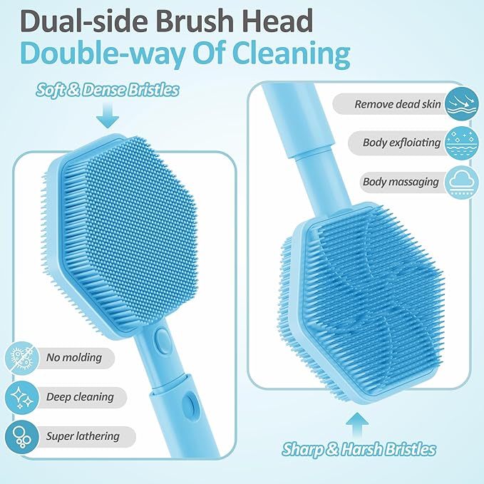 Silicone Back Scrubber & Soft Bath Glove 2PCS, 16''- 21''Extendable Back Scrubber with Dual-Side Large Head, 360° Anti-Slip Hand-fit Silicone Body Scrubber for Rich Foaming Deep Cleaning(Blue)