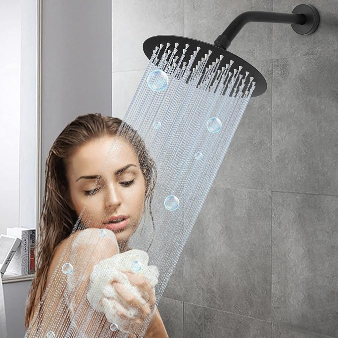 HarJue Shower Arm with Flange and Teflon Tape, Wall Mounted Shower Pipe 304 Stainless Steel Extension Arm for Fixed Shower Head & Handheld (8 Inch, Matte Black)
