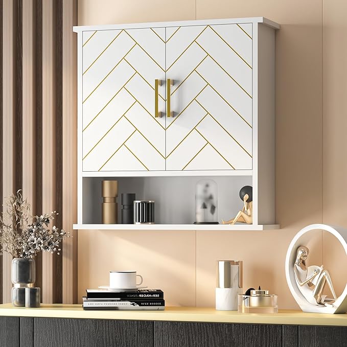 White Chevron Pattern Bathroom Wall Mount Cabinet, Stylish Hanging Medicine Cabinet with Open Shelf, Over The Toilet Storage for Bathroom Kitchen (23 5/8" x 22 7/8" x 15 3/4")