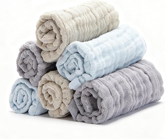 Organic Muslin Baby Washcloths 6 Pack Baby Bath Face Towel 12x12 Inch Extra Absorbent and Soft Burp Cloth and Wash Cloths for Newborn-Infants On Sensitive Skin (Blue Brown Grey)