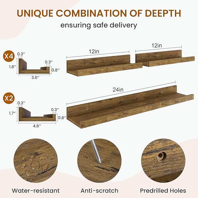 Axeman Picture Ledge Shelf, Floating Shelves for Wall Decor Set of 6, 24 inch Floating Wall Mounted Shelves, Shelves with Lip for Living Room, Bedroom, Nursery, Bathroom, Kitchen, Rustic Brown