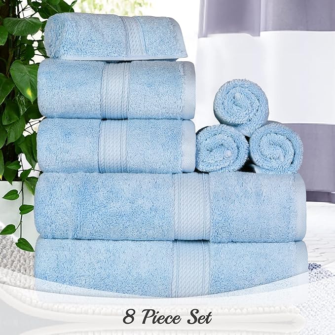BLUENILEMILLS Madison Egyptian Cotton Towels, Towel Set for Bathroom, Shower, Hotel, Plush, 800 GSM, Highly Absorbent and Ultra-Soft Towels, Bath Essentials, 8 Piece Assorted Towel Set, Light Blue